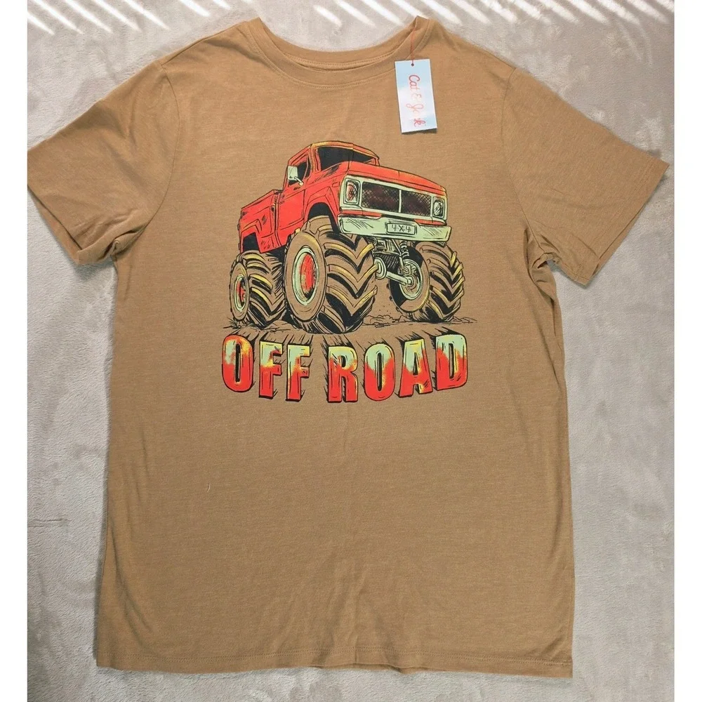 Cat & Jack‎ Boys XL 14 Husky Off Road Monster Truck Graphic Tee Tan Short Sleeve